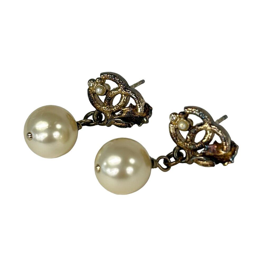 Chanel Earrings Gold Cream Hardware Faux Pearl